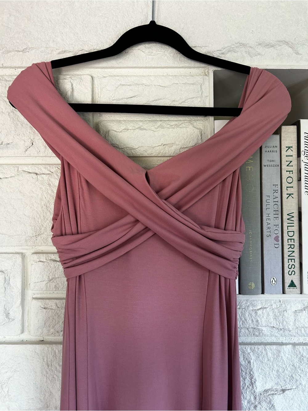 OGL NWT Flowy Criss-Cross Off Shoulder Midi Brami Dress Size Large Rose Mauve - Picture 13 of 16